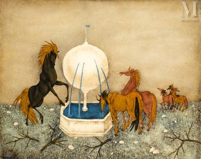 tableau représentant une fontaine entourée de chevaux galopant dans un champ