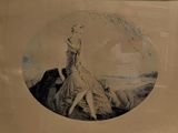 a drawing of a woman in a dress sitting on a rock