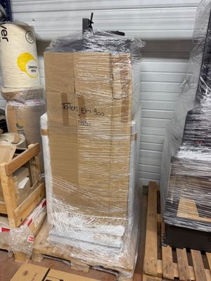 boxes and pallets are stacked on pallets in a warehouse