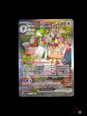 a card with a picture of a woman and a man in a garden