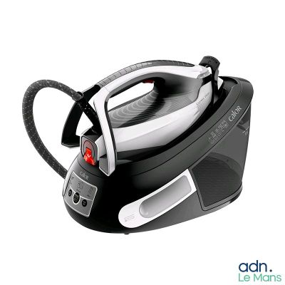 a black and white steam iron sitting on a white surface