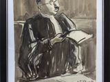 tableau représentant un homme assis sur un banc en train de lire un livre