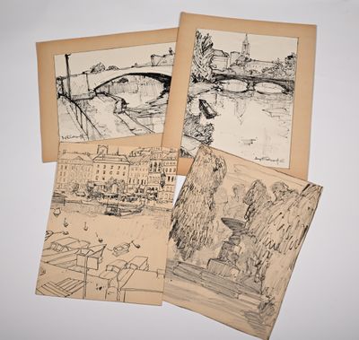 four drawings of a bridge over a body of water