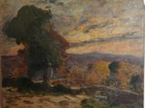 une peinture à l'huile représentant un paysage avec des arbres au premier plan