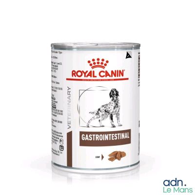 a can of royal canin gastrointal dog food on a white background