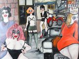 painting of a group of women in lingersuits in front of a car
