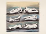 a drawing of a group of ducks swimming in the water