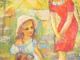 painting of two little girls in a garden with a basket of flowers