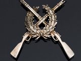 a close up of two crossed rifles on a black background