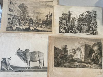 four antique engravings of animals and people in a landscape