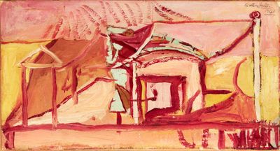 an image of a painting of a bed with a canopy over it