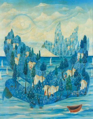painting of a small island with a boat in the middle of the water