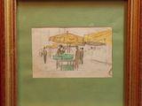 tableau encadré représentant un dessin d'une scène de rue avec des personnages et un avion