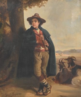 tableau représentant un jeune garçon coiffé d'un chapeau et d'une cape, tenant une baguette