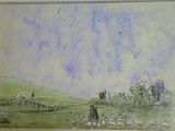 une photo d'un tableau représentant un troupeau de moutons dans un champ
