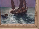 a painting of a boat in the water with people on it