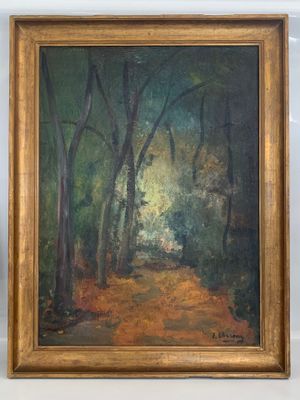 une peinture à l'huile d'un chemin dans une forêt avec des arbres