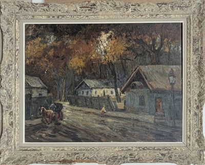 painting of a village scene with a horse drawn carriage in the foreground