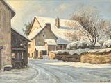 painting of a snowy country road with a house in the background