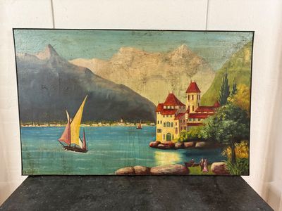 a painting of a sailboat on a lake with a castle in the background