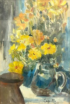 tableau représentant un vase de fleurs jaunes posé sur une table, à côté d'une tasse de café