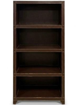 a wooden bookcase with four shelves on top of it