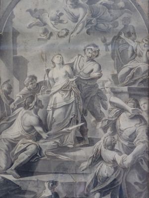 une vieille photo représentant un tableau où l'on voit un groupe de personnes dans une pièce