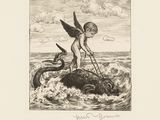 a black and white drawing of an angel on a boat