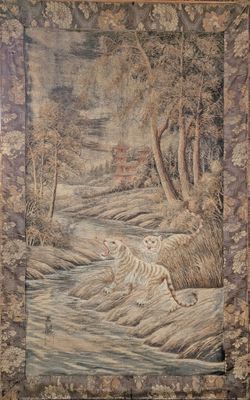 painting of a stream running through a wooded area with trees in the background