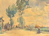 un tableau représentant une femme marchant sur la route