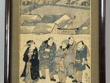 painting of a group of people standing in front of a building