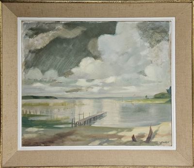 une image représentant un tableau d'une jetée par temps nuageux