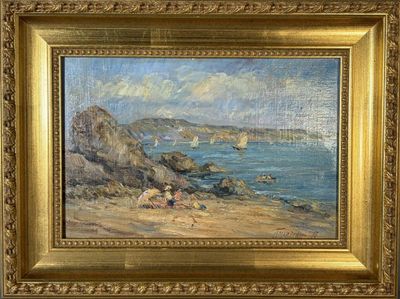 une image représentant un tableau représentant une scène de plage avec des personnes sur le rivage