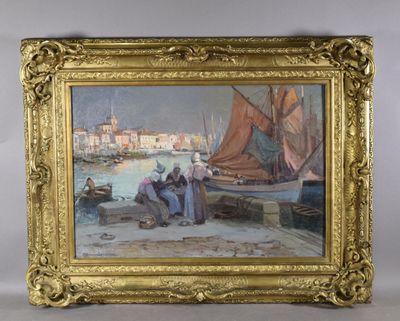 an image of a painting of a man and a woman on a dock