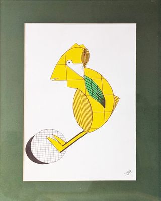 tableau représentant un oiseau jaune tenant une raquette de tennis dans son bec