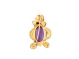 a close up of a gold and purple pendant on a white background