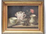 une photo d'un tableau représentant une nature morte avec des théières et des tasses