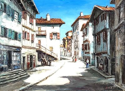 a painting of a street with buildings and people walking down it