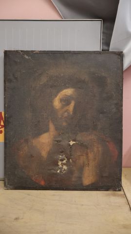 Huile sur toile « Christ ». Accidentée. 68 X 58 cm