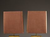 a pair of brass table lamps with square shades