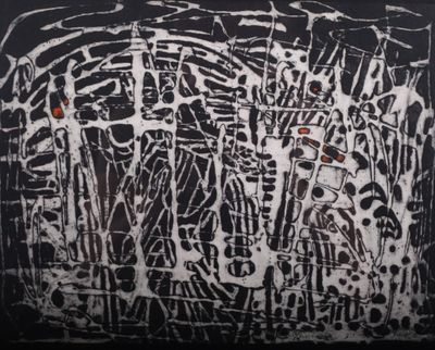 black and white abstract painting with a red dot in the middle of it
