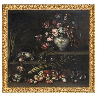 tableau représentant une nature morte composée de fleurs et de fruits posés sur un rebord