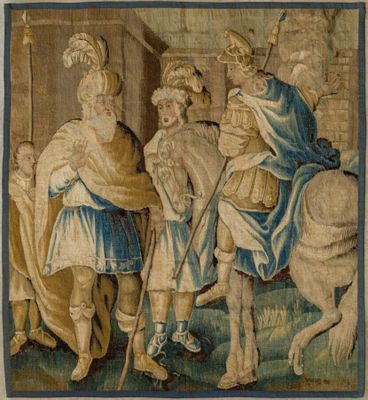 an image of a tapestry with a man on a horse and a woman on a horse