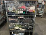 a cart with many items in it in a warehouse