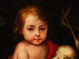 a painting of a child holding a lamb in his lap