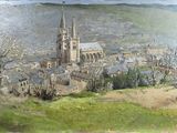 une peinture représentant une vue d'une ville depuis une colline