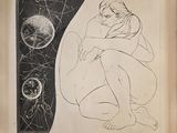 une image représentant le dessin d'une femme agenouillée devant une illustration de la lune