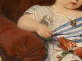 painting of a baby in a striped dress sitting in a chair