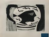 an image of a black and white drawing of a woman ' s face in a vase