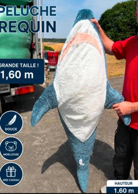 un homme debout à côté d'un grand requin empaillé